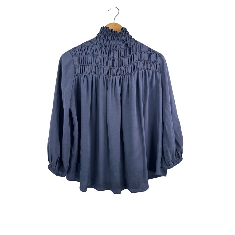 FRAME Smocked High Neck Silk Blouse sz SP Navy Blue money relaxed minimalist